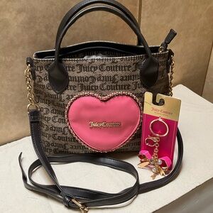 JUICY COUTURE Crossbody Love Never Dies BROWN Mini Tote Pink Heart BOW BAG CHARM